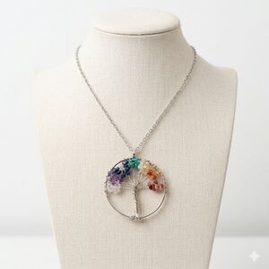 Silver Wire Wrapped Tree of Life Necklace | Crystal Gemstone Pendant Jewelry